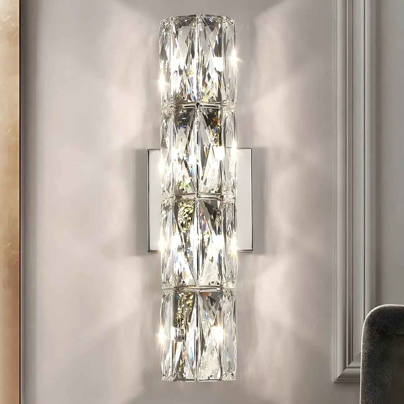 Modern 4-Light Chrome Crystal Cylinder Wall Sconce Light Fixture
