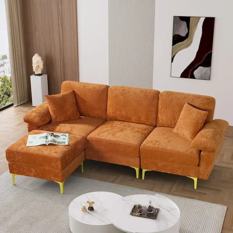 Ouyessir 2-Pieces Upholstered Velvet Sectional Sofa with 2 Pillows & Ottoman
