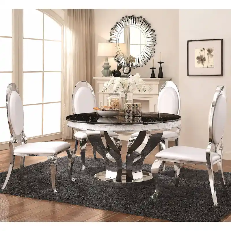 Luxurious Modern Design Round Chrome Dining Set with Marble Table Top