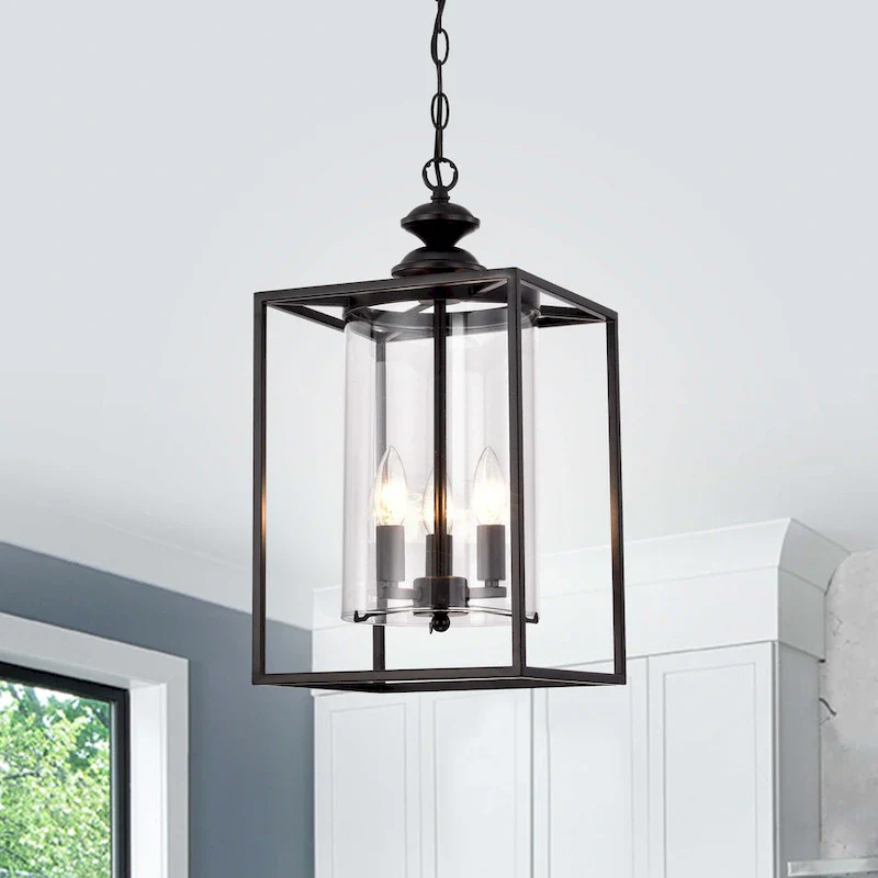 Marta Antique Black 3-light Glass and Metal Lantern Pendant Chandelier