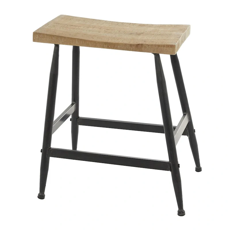 Metal Counter Stool with Brown Wood Top - Black