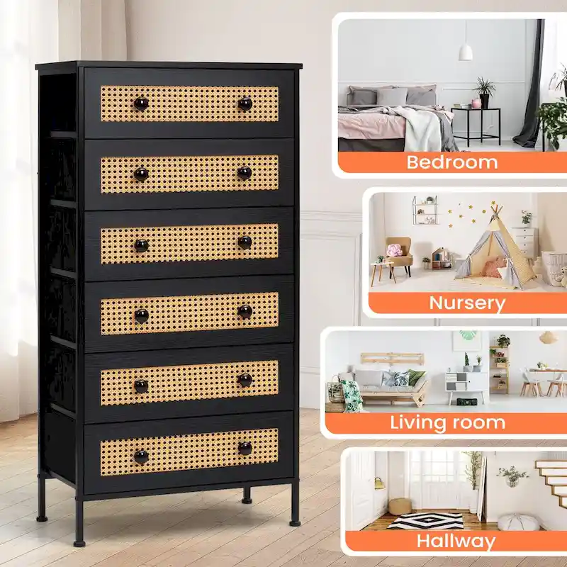 6-Drawer Dresser Chest PE Rattan Storage Tower Organizer Cabinet