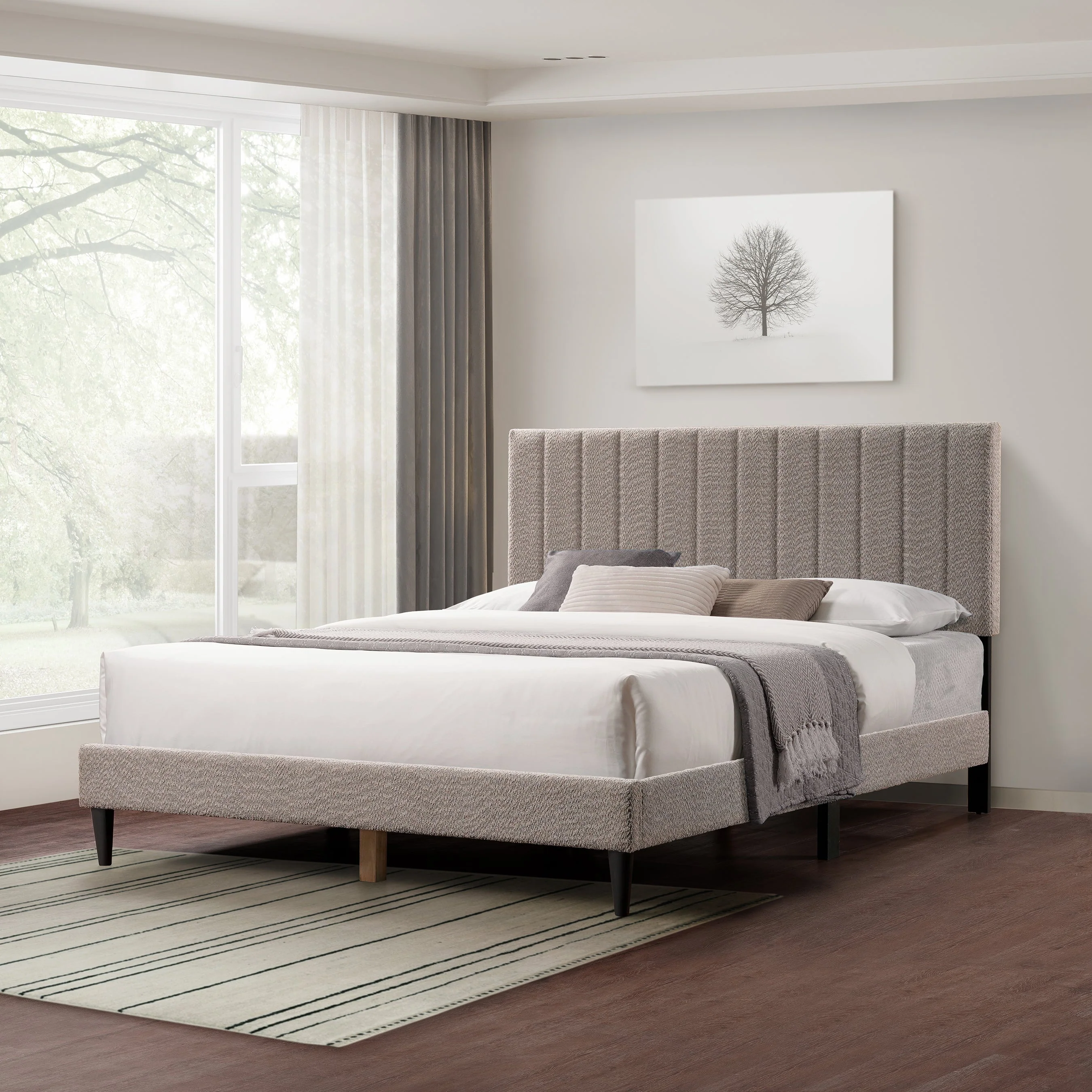 Tufted Boucle Upholstered Gray Queen Platform Bedframe