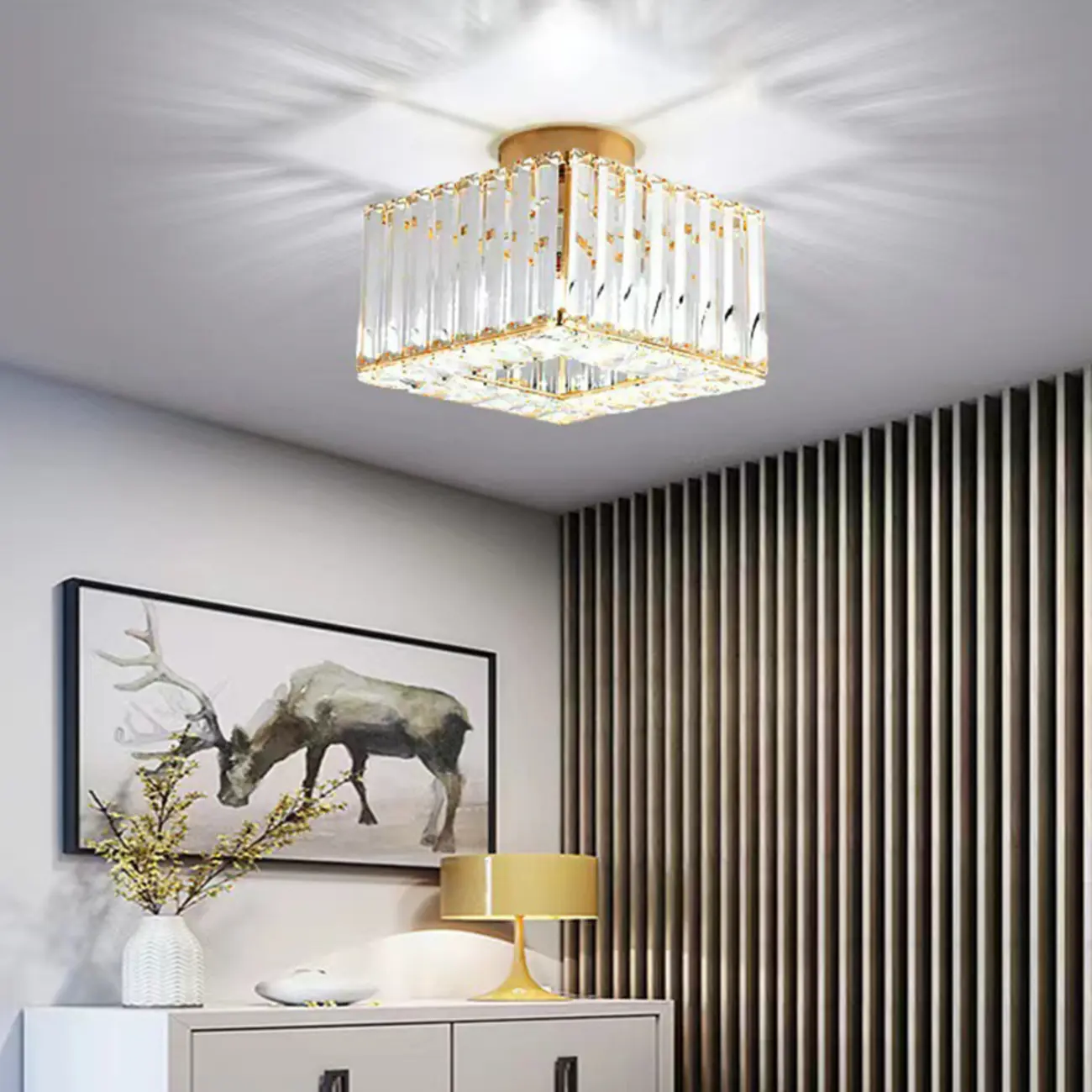 Modern Gold Square Crystal Semi Flush Ceiling Light