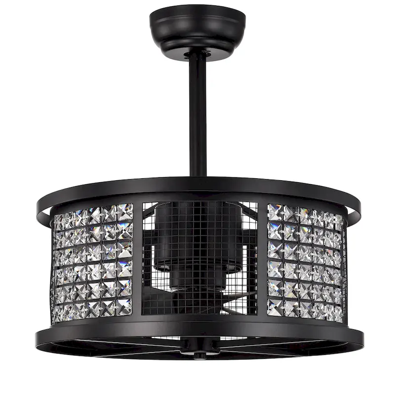 Lacey Matte Black Ceiling Fan19-Inch 4-Light Geometric Metal & Crystal Drum Shade (Includes Remote)