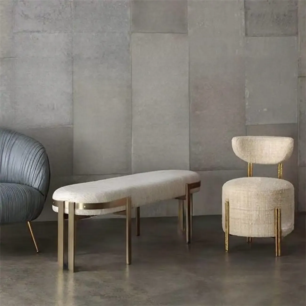 Comfort Beige Oval Metal Upholstered Entryway Bench