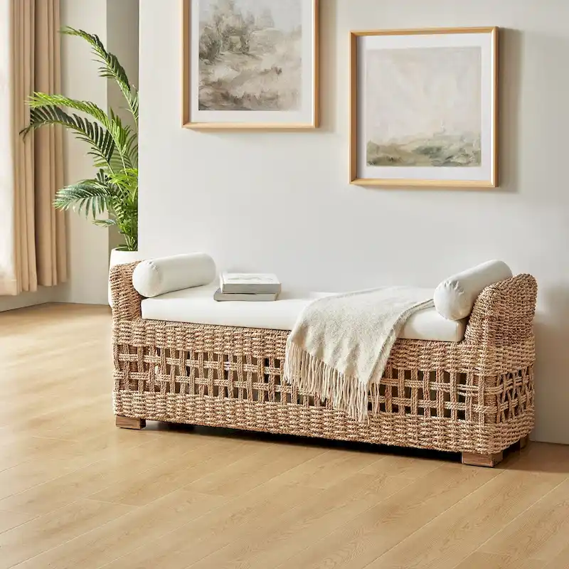 Abel Boho Coastal Ratten Storage Bench with Hollow-Carved Design and Solid Wood Foot by HULALA HOME