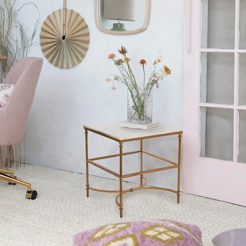 Square Marble Top End Table, Gold/Black & White, Iron Legs, Glass Shelf