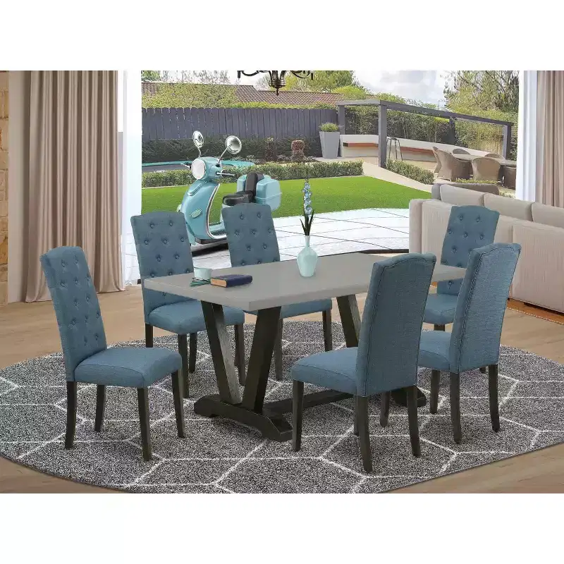 HomeStock 7-Piece Rectangle Natural Oak Finish Solid Wood Top Dining Table with 6-Chairs