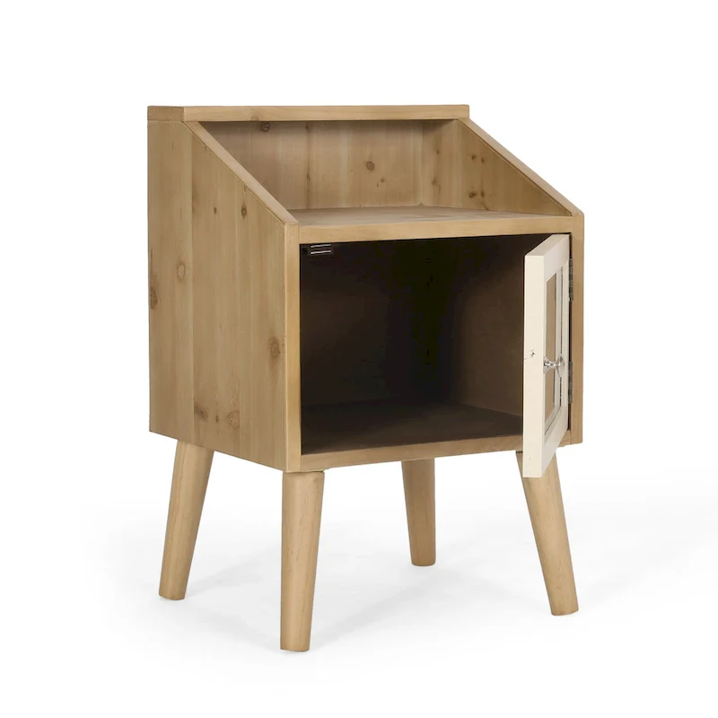 Rattan Accent End Table with Hutch & Cabinet – White + Natural, Wood Top, Single