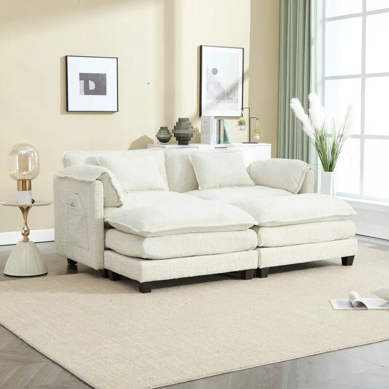 76.77  Chenille Upholstered Sofa with 2 Ottomans
