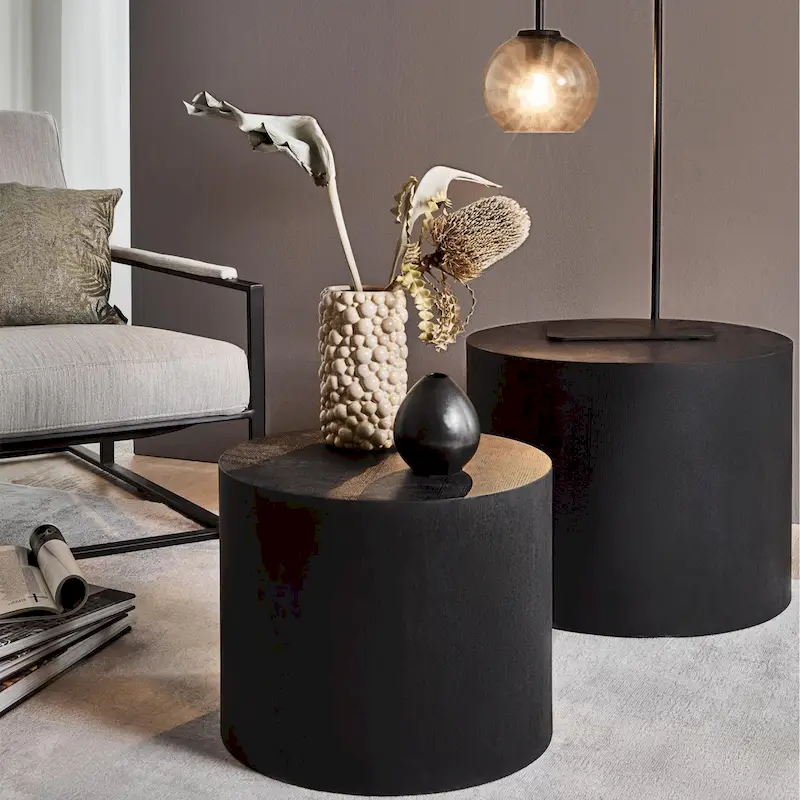 Modern Farmhouse Round Accent Nesting Side Coffee Table Set (Set of 2)