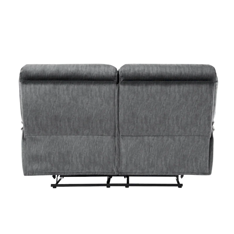 Muir 65 Inch Manual Recliner Loveseat, Tufted Gray Microfiber, Solid Wood