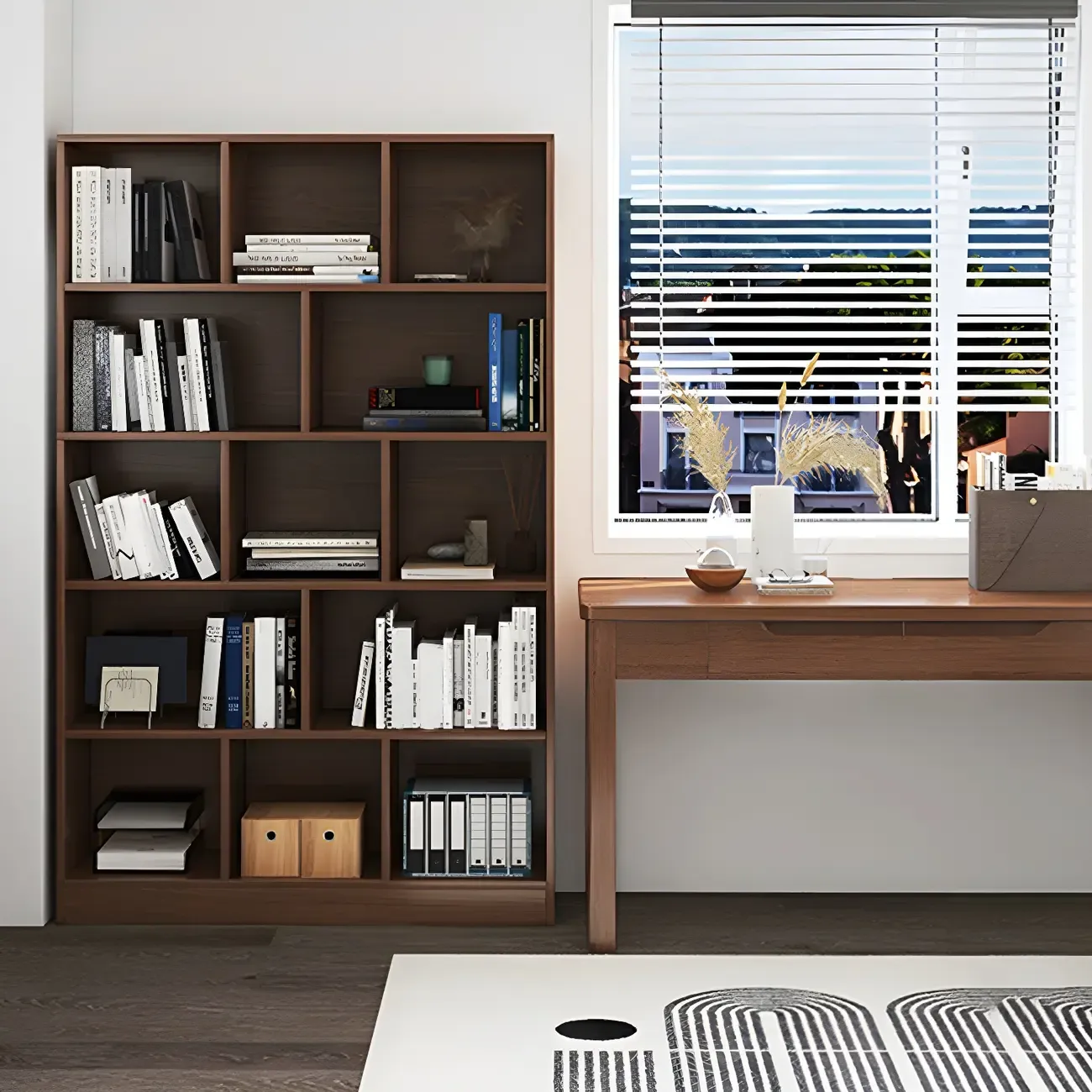 Mid Centuyr Modern Oak Wood Bookshelf Cube Storage 5-Tier