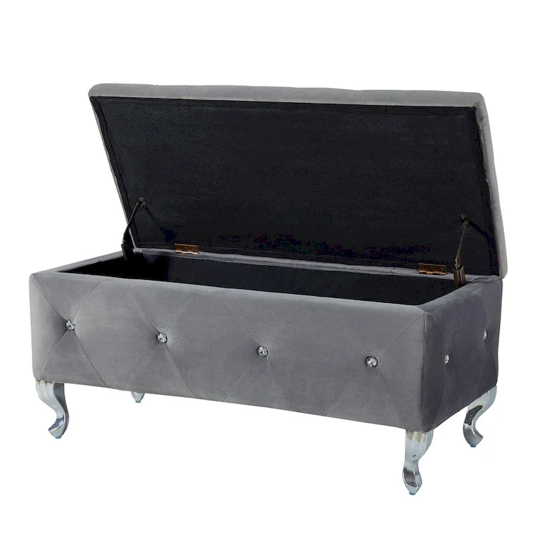 Grey Velvet Crystal-Button Tufted Storage Ottoman Bench