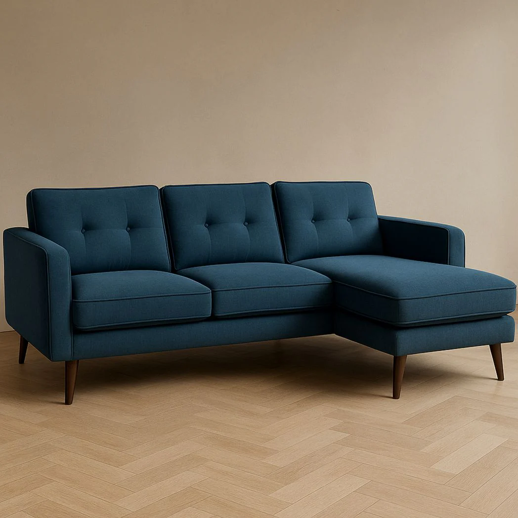Canapé d'Angle en Lin Bleu avec Pieds en Bois, 3 Places, L 220 cm x l 150 cm x H 85 cm