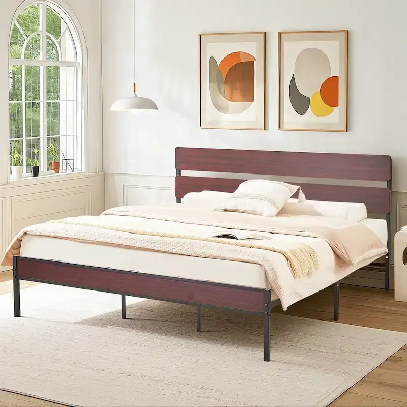 Javlergo Industrial Iron Bed Frames with MDF Headboard - Space-Saving & Durable