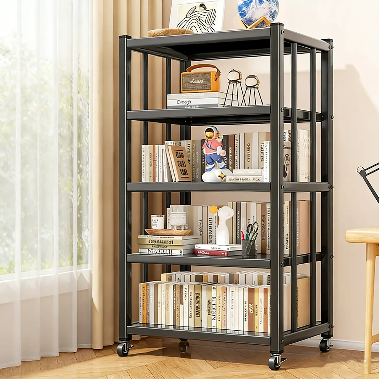 Contemporary Industrial Black Metal 5-Tier Rolling Bookcase