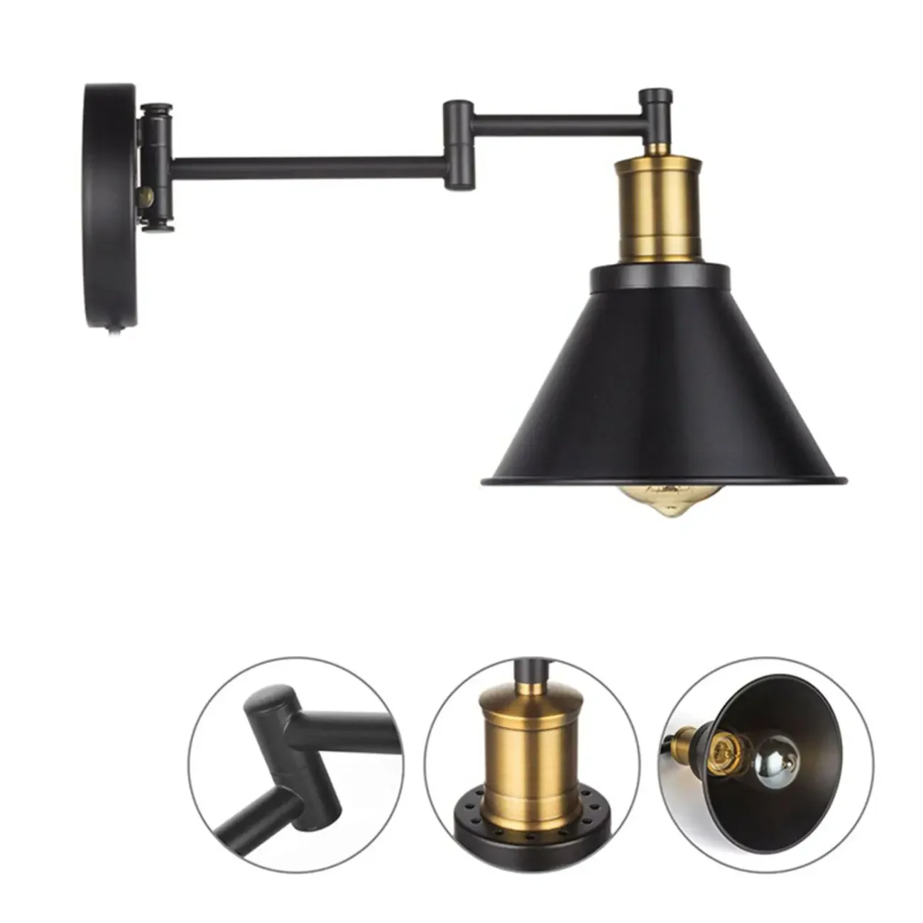 Washroom Stretchable Metal Cone Black Plug-In Vanity Light