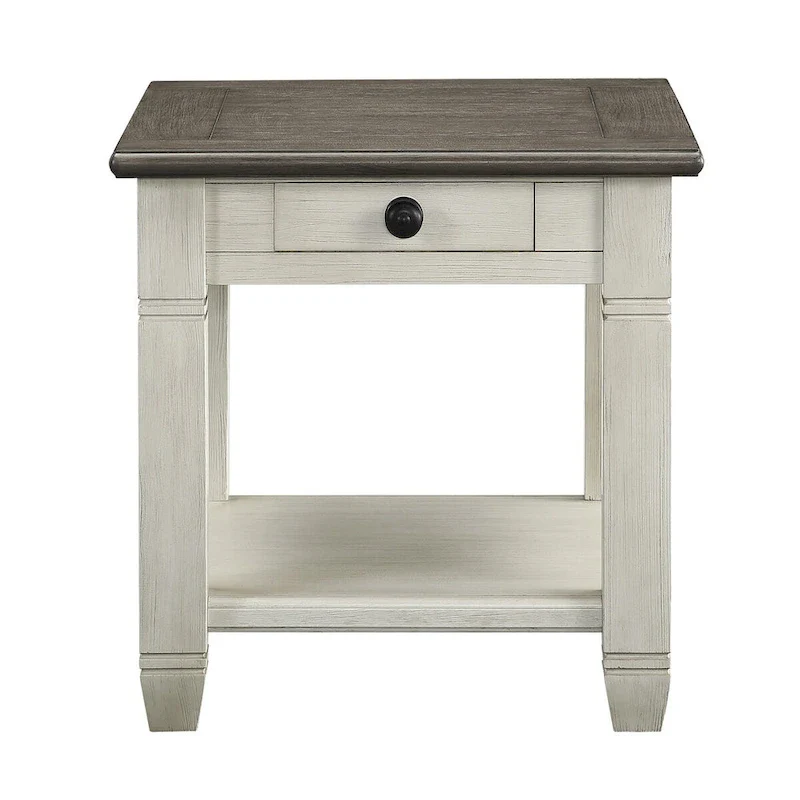 26 Inch Side End Table, Square, 1 Drawer, Brown, White, Solid Wood