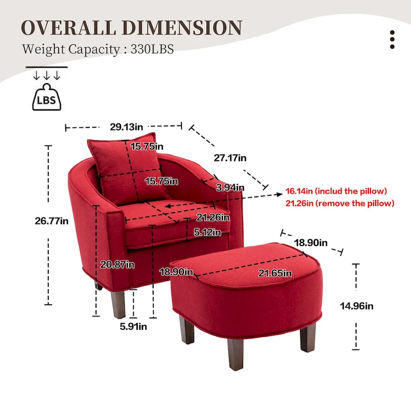 Linen/Polyester Upholstered Mid Century Barrel Chair with Ottoman