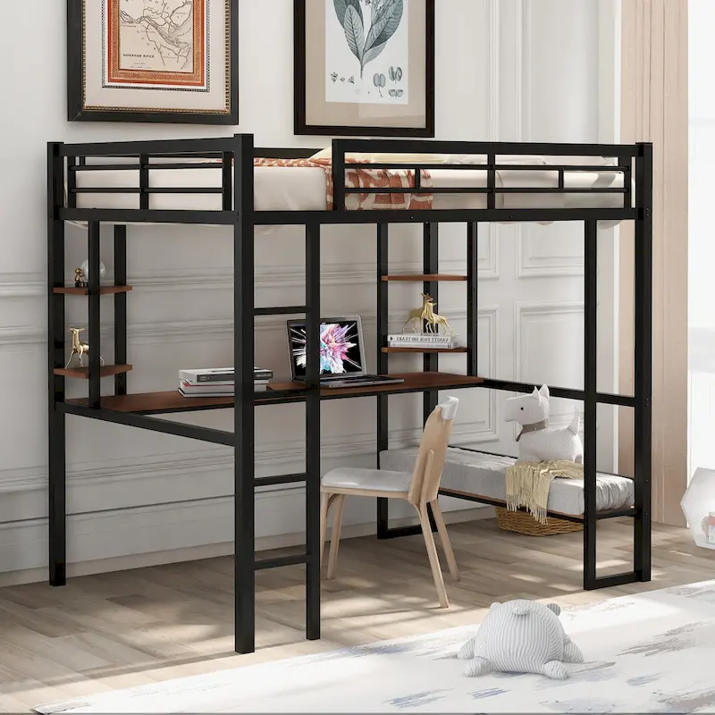 Full Size Metal Loft Bed with Long Desk and Shelves