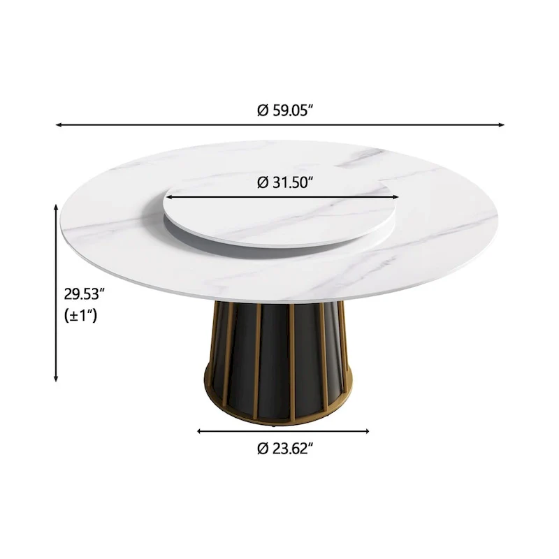 59 White Round Dining Table with Lazy Susan, Sintered Stone Tabletop - N/A