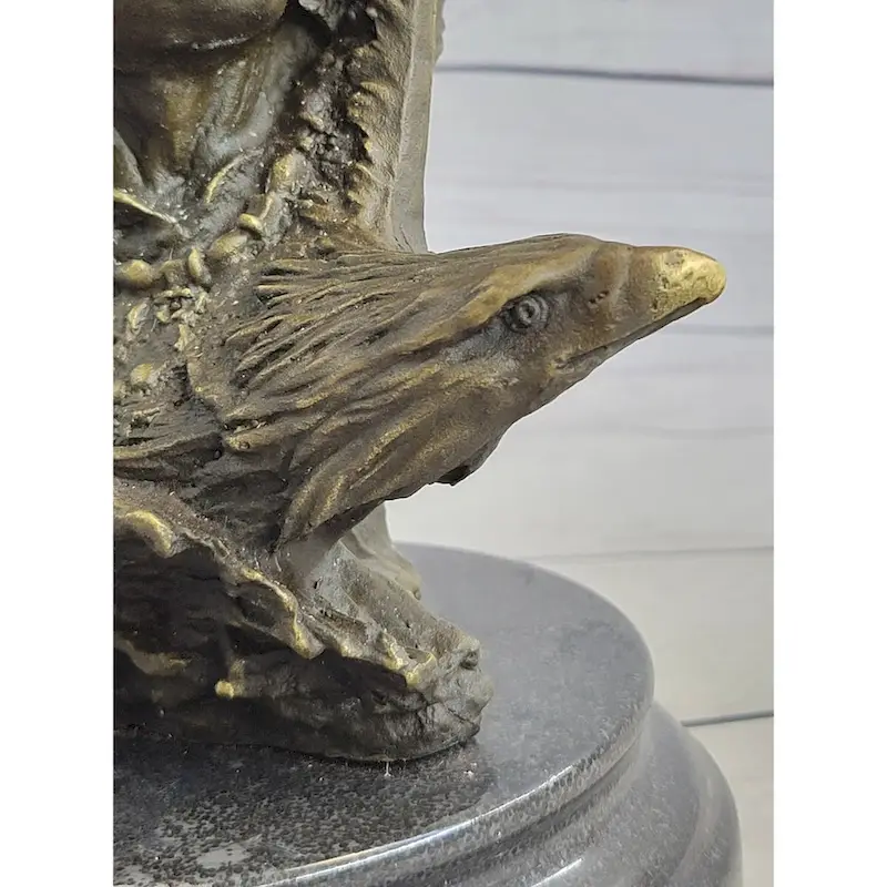 Native American Man Eagle Bronze Metal Bust Sculpture Statue On Marble Base