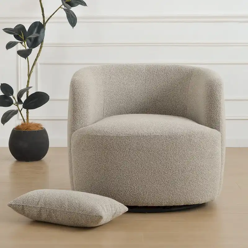 KINWELL 34 Poly Blend Boucle Fabric Upholstered Swivel Armchair