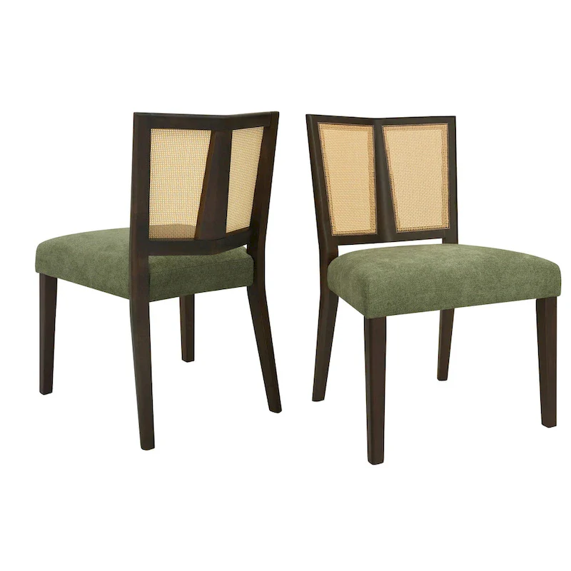 Mid-Century Rattan Back Upholstered Dining Chair Set of 2