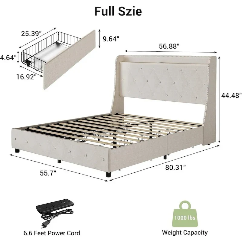 Bed Frame with Headboard and 4 Storage Drawers