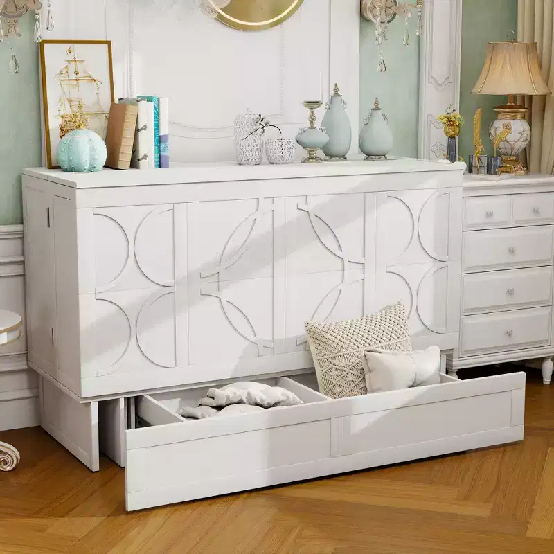 Keloyid Haimyy Solid Wood Frame Queen Murphy Bed Chest with Built-in Charger and Strong Drawer