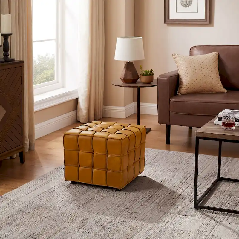 Art Leon Top Grain Leather Square Pouf Ottoman