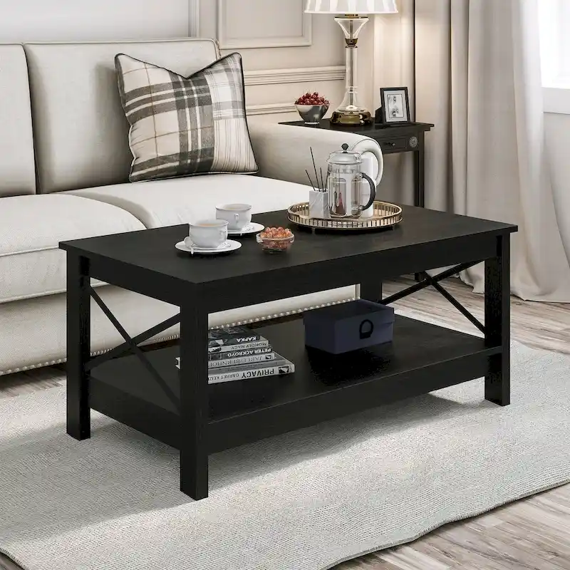 Farmhouse Wood Accent Coffee Table with Large Storage Shelf