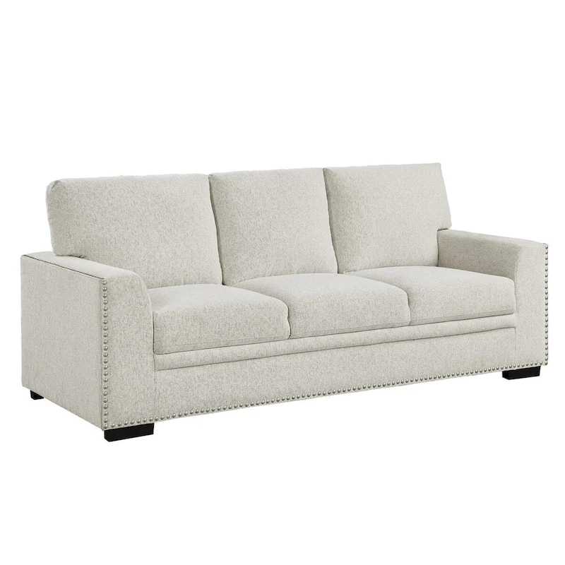 Meil 84 Inch Sofa, Beige Chenille, Nailhead Trim, Foam Cushions, Solid Wood