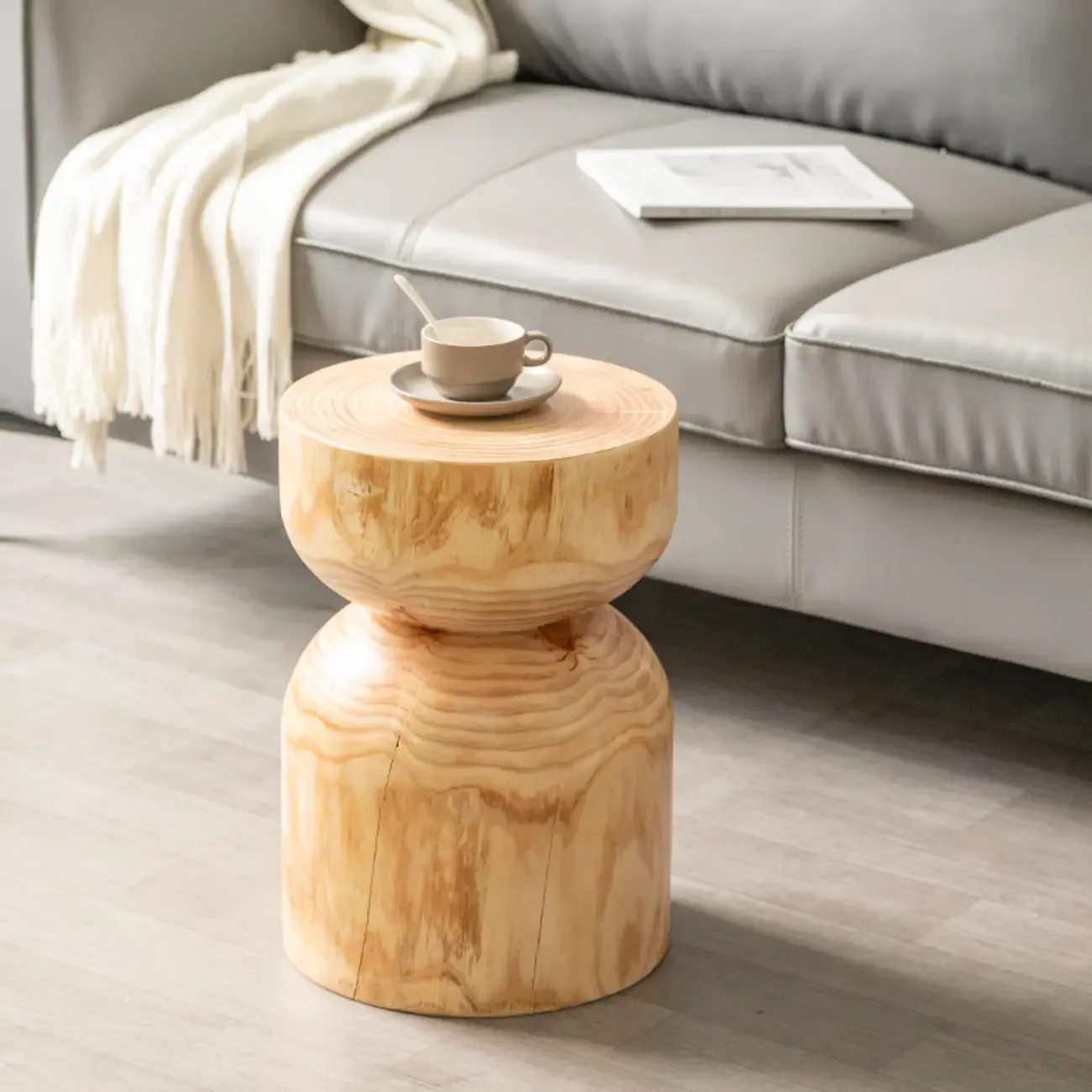Natural Pine Small Wood Round End Table for Living Room
