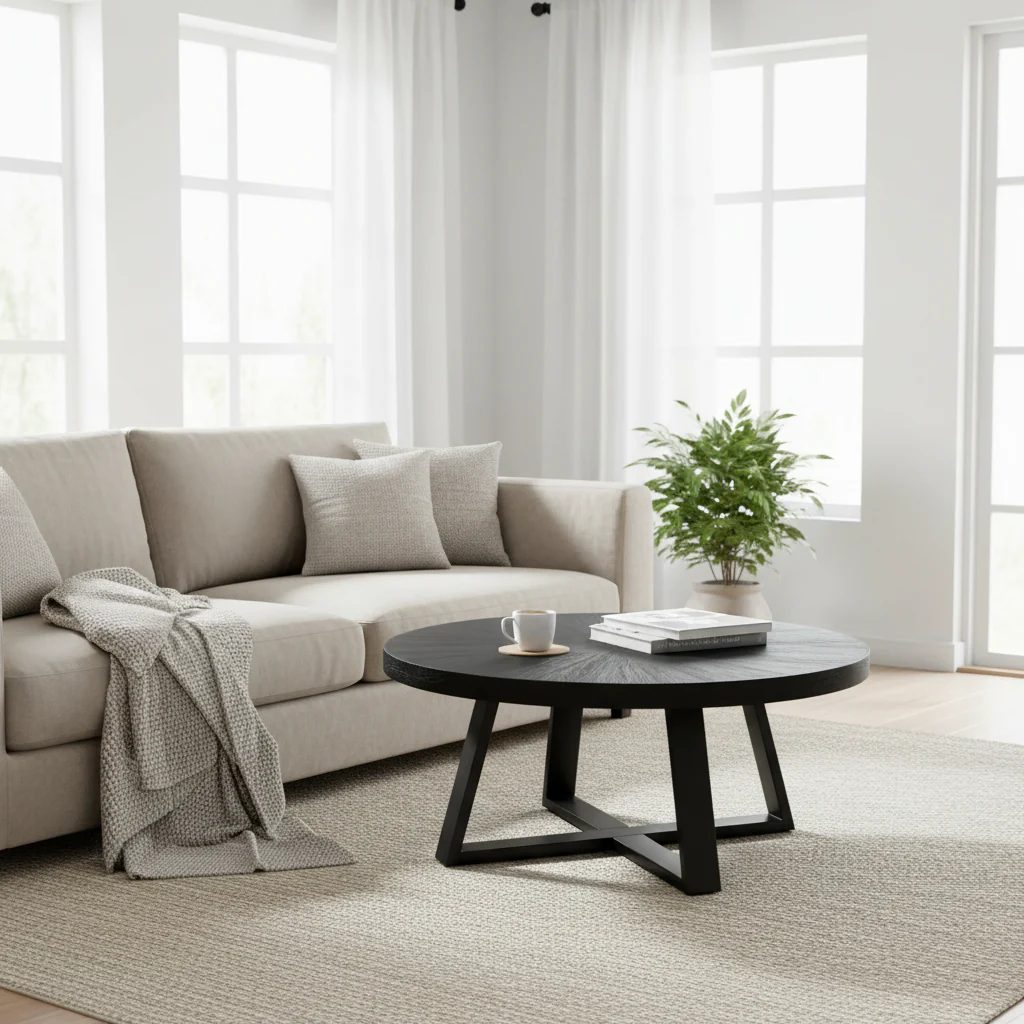 39 Inch Round Coffee Table, Cross Legs Design, Black Acacia Wood, Iron