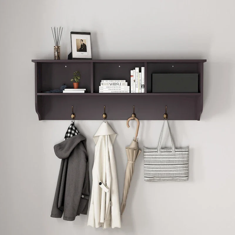 Wall Mounted Coat Rack with 4 Dual Hooks and Wooden Shelf