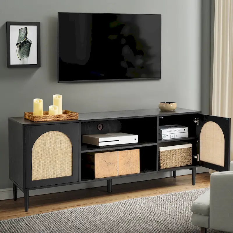 Uirico Modern Rattan TV Stand Entertainment Centers with Push-to-Open Doors by HULALA HOME