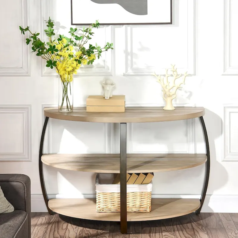 2-Tier Oval Table – Wood Grain / Black Metal, Industrial Style, Single