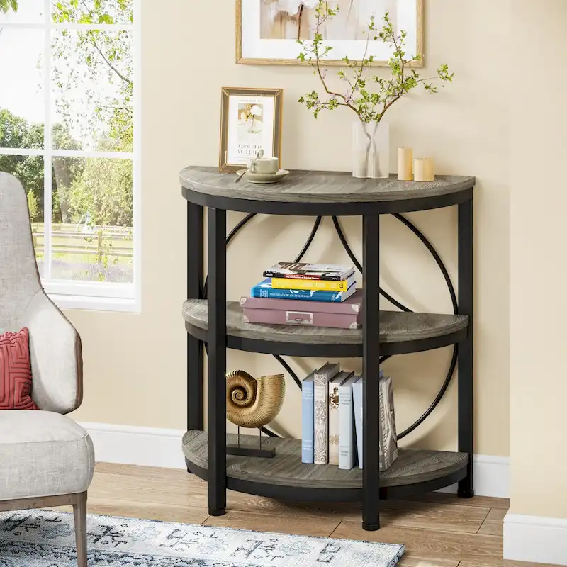 Half Round End Table, 3-Tier Half Side Table with Storage Shelves