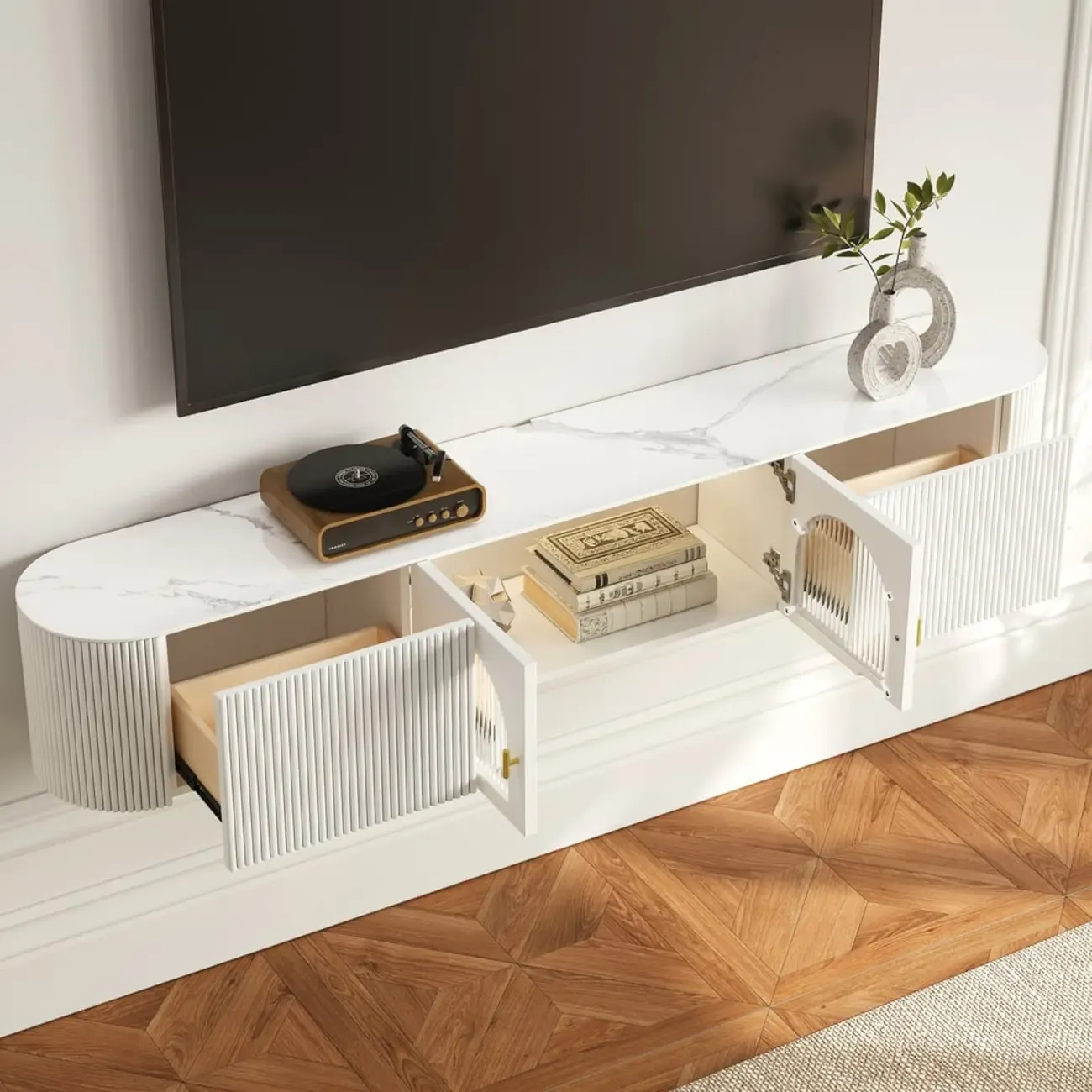 White Modern Marble 2-Drawer Wall-Mounted TV Stand