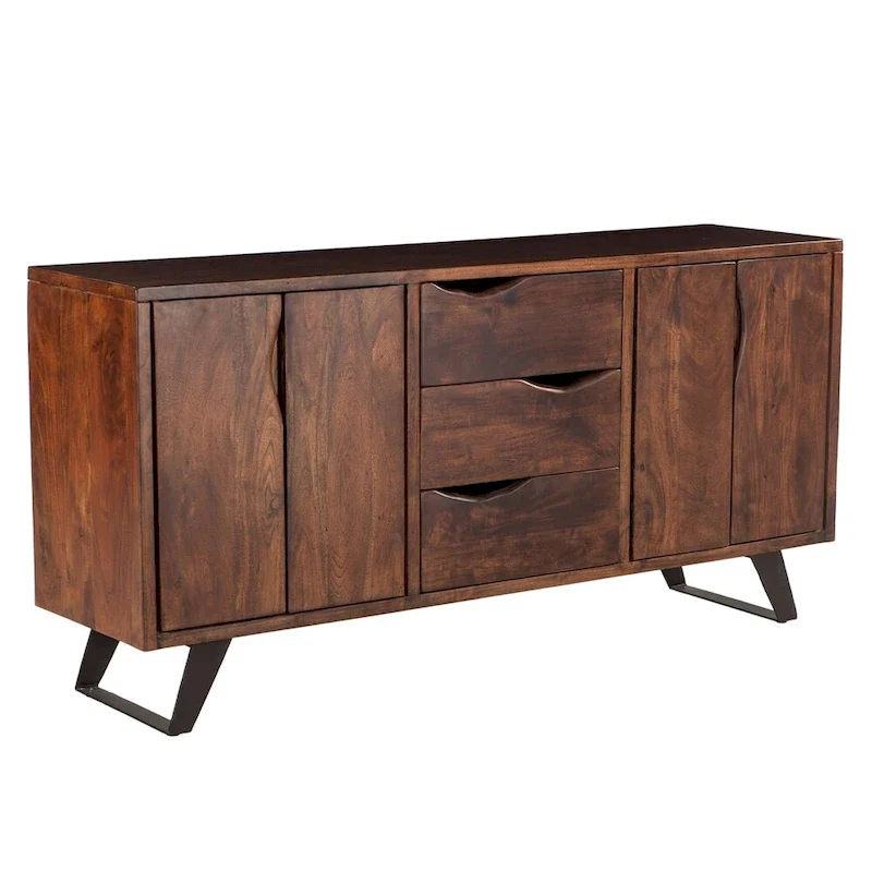 Acacia Wood Sideboard with Drawers & Cabinets – Walnut / Black, Single