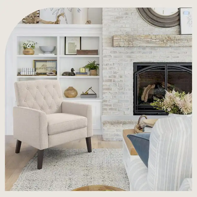 Linen and Walnut Legs Mid Century Modern Button Tufted Accent Chair - 29.53 H X 30 W X 33.07 D