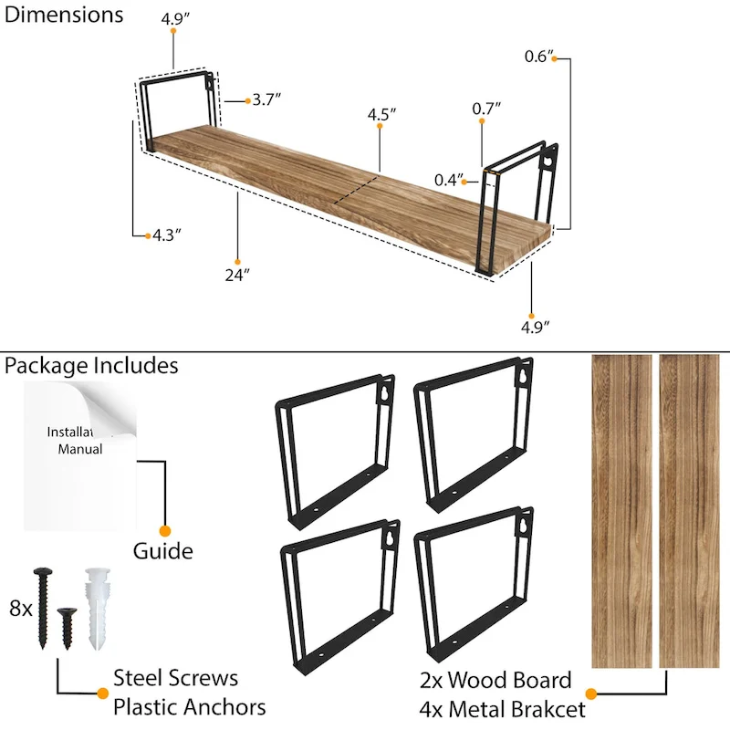 Wallniture Avila 24x4.5  Kitchen Wall Shelves, Natural Burned,Set of 4
