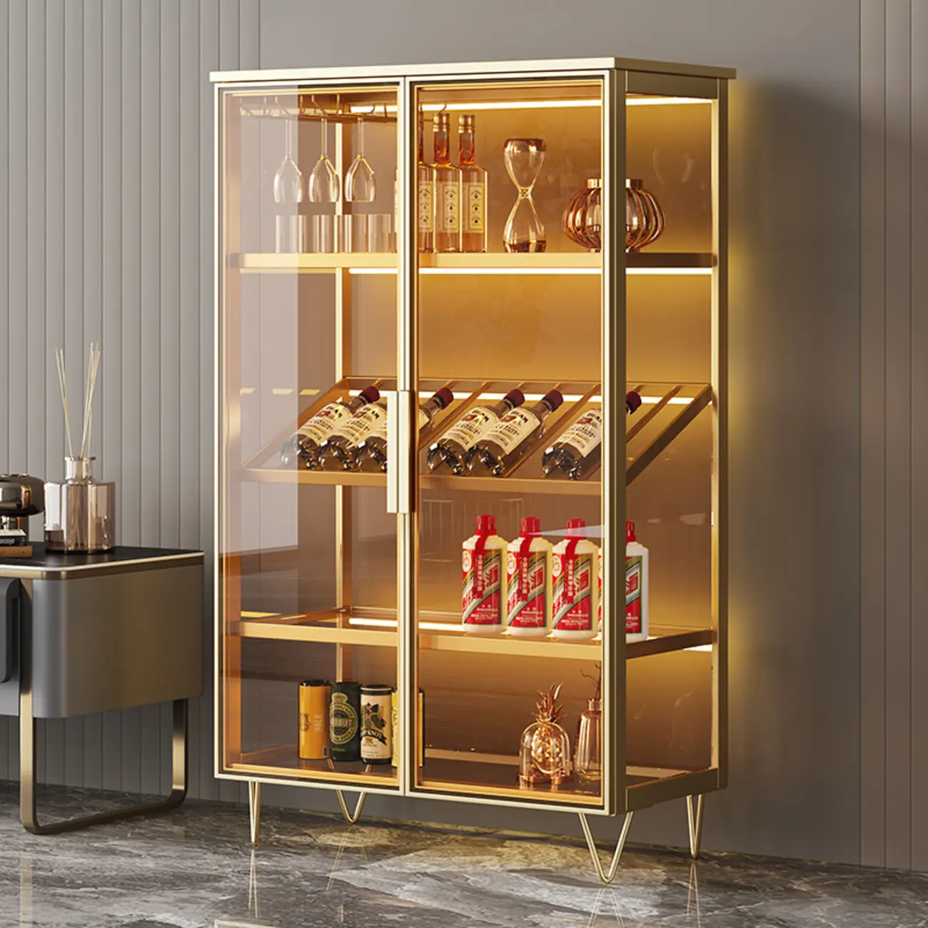 Luxury Multi-Layer Tan Glass Curio Cabinet with Light