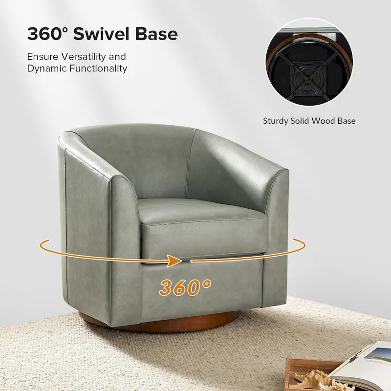 Althea Modern Genuine Leather Swivel Barrel Chair with Solid Wood Base By HULALA HOME