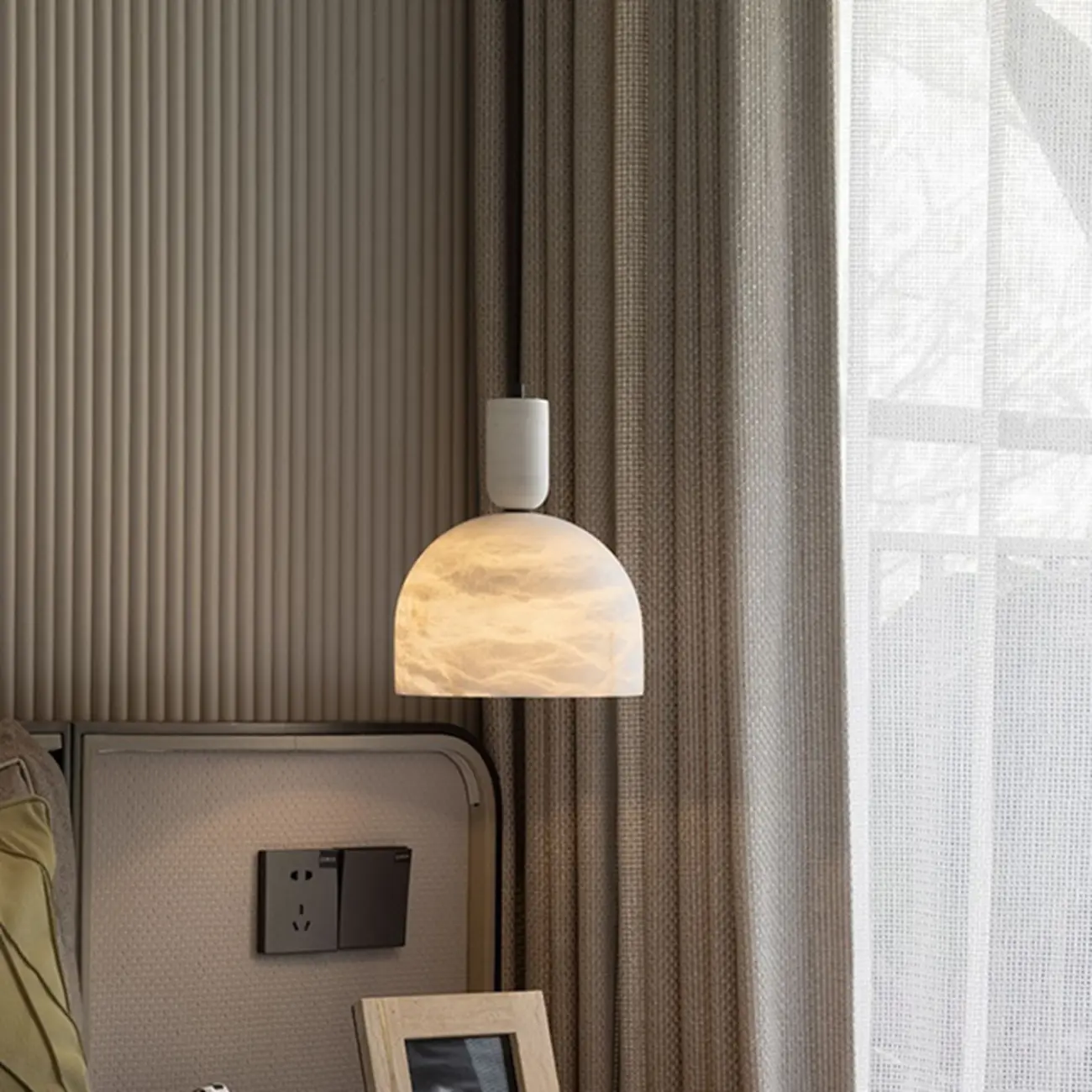 Contemporary Bedroom White Alabaster Dome Pendant Light