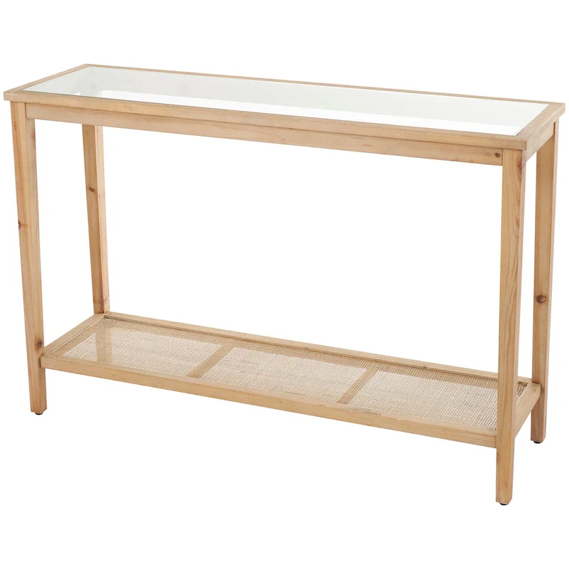 Wood Slim Natural 1 Shelf Console Table with Glass Top and Rattan Shelf - Brown - Roche River Decor - 14 Wx47 Lx32 H