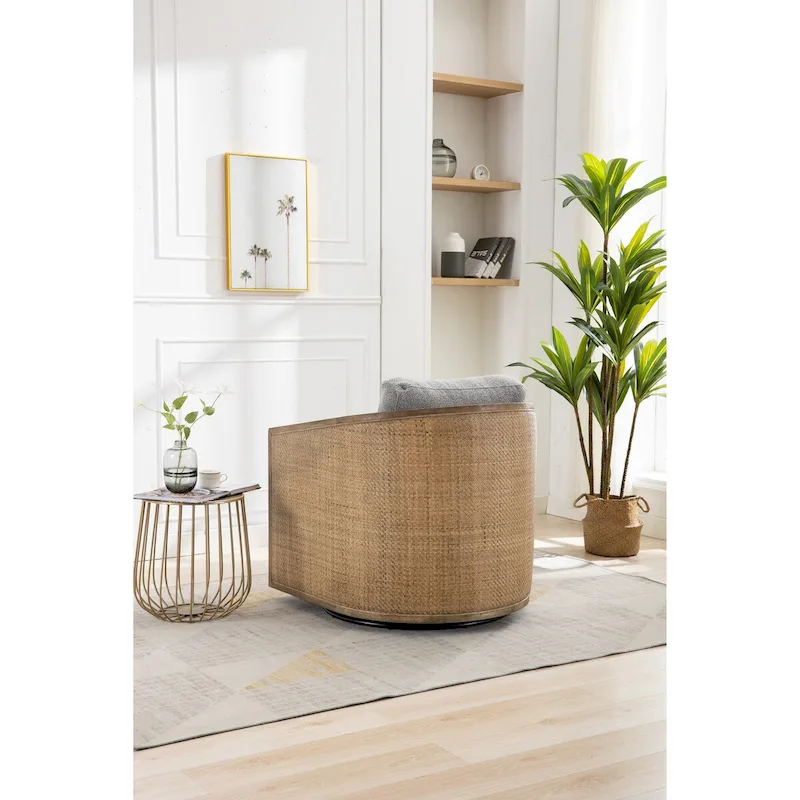 Swivel Barrel Chair, Comfy Round Accent Chair, 360 Degree Swivel Barrel Club Chair, Leisure Arm Chair with Rattan Woven Frame